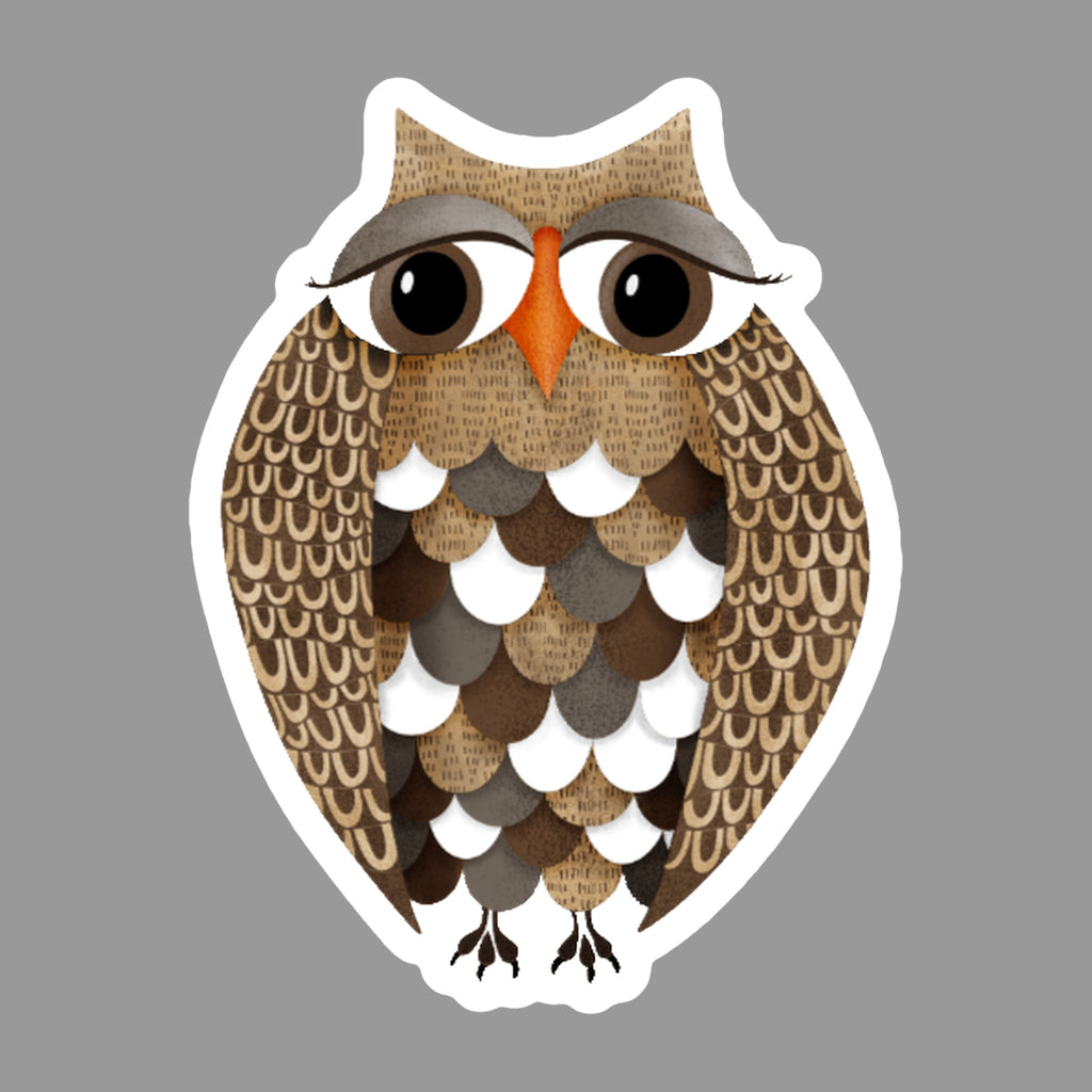 Whimsical Owl Glossy Flexible 3" Magnet | Prudence on a gray background
