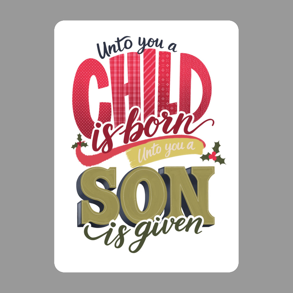 Christian Christmas Glossy Flexible 3" Magnet | A Child Is Born on a gray background