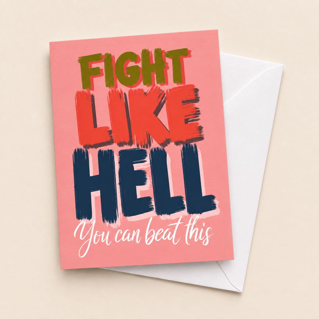 Fight Like Hell cancer support card with white envelope on a beige background