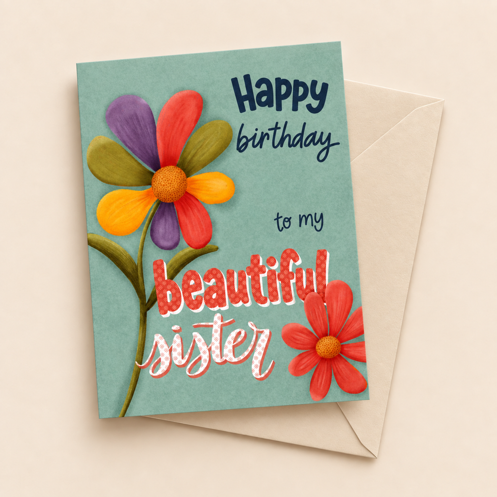 Beautiful Sister birthday card with white envelope on a beige background