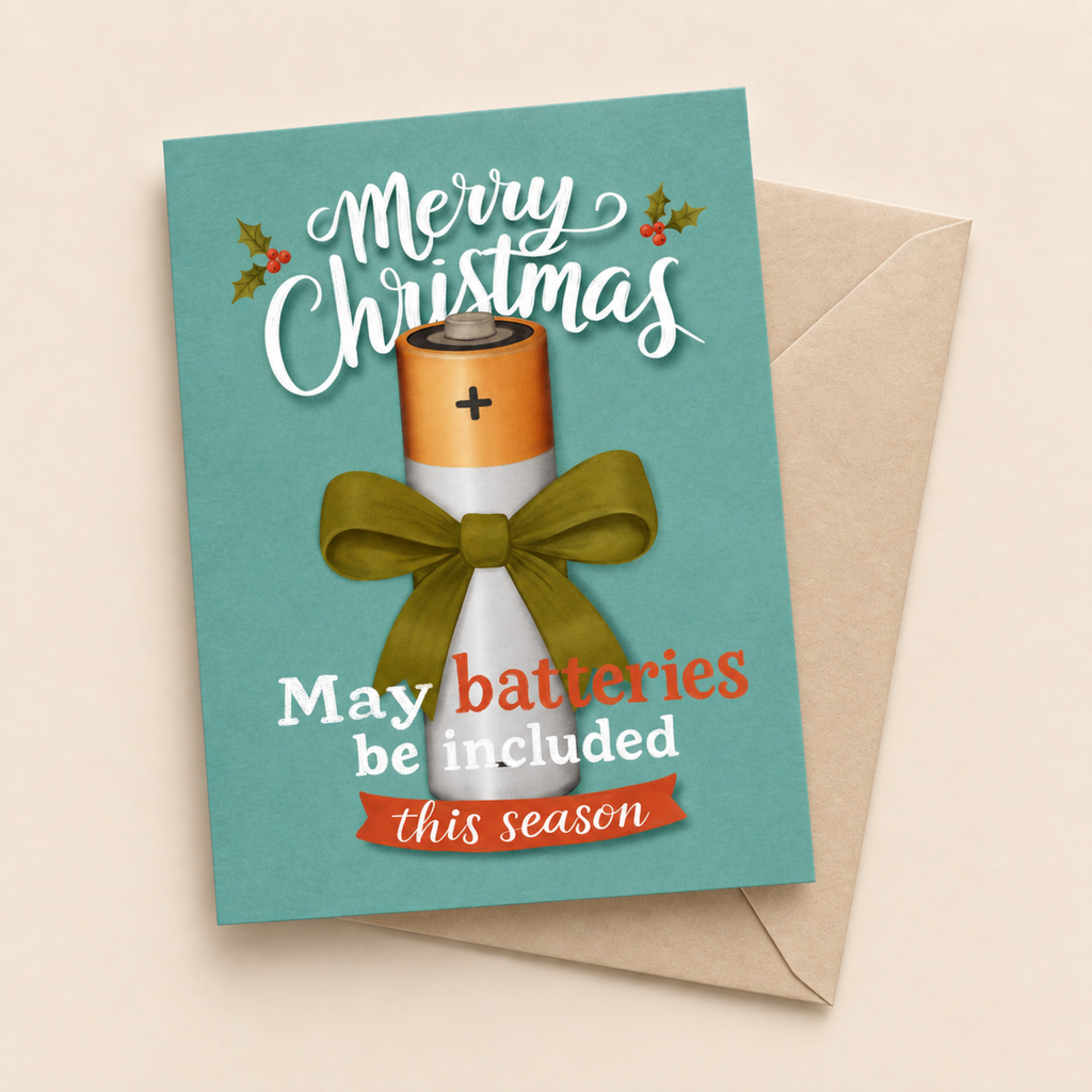 May Batteries Be Included funny Christmas card with white envelope on a beige background