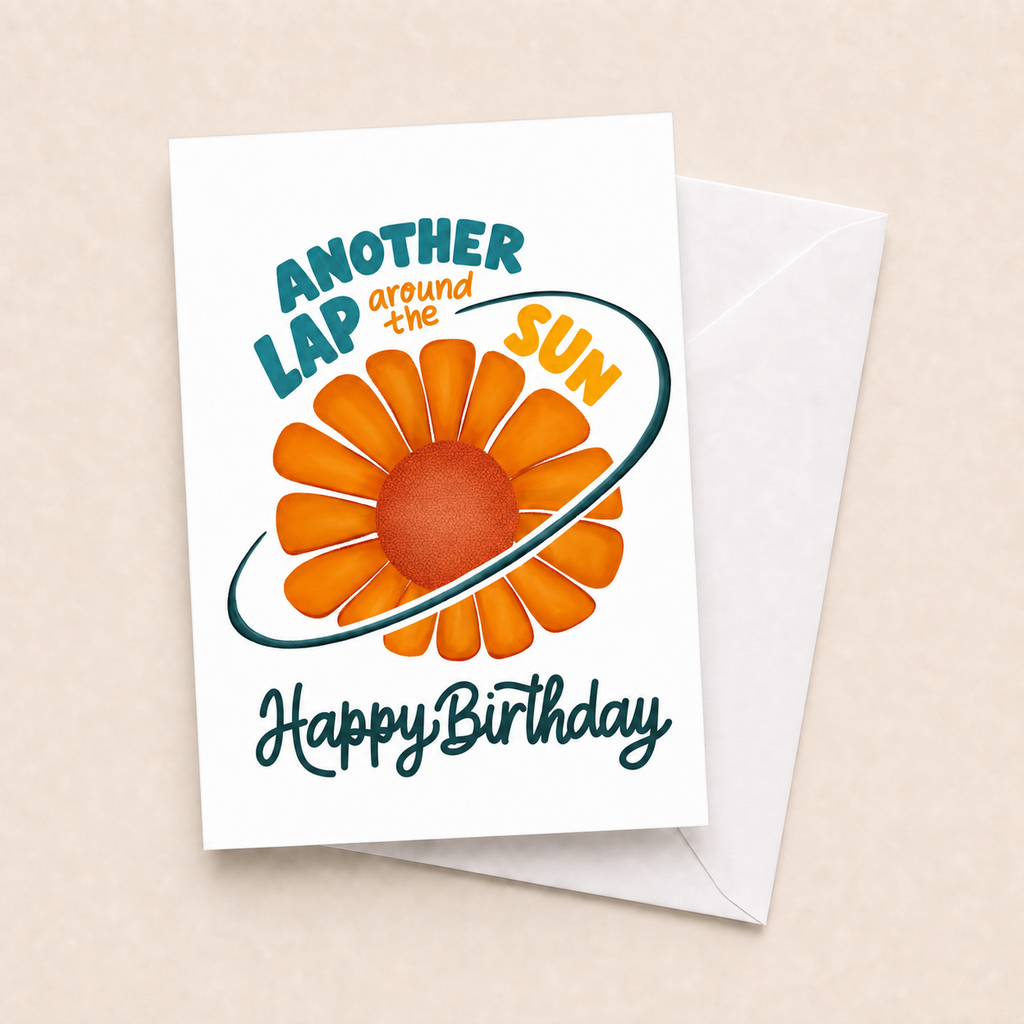Another Lap Around the Sun birthday card with white envelope on a beige background
