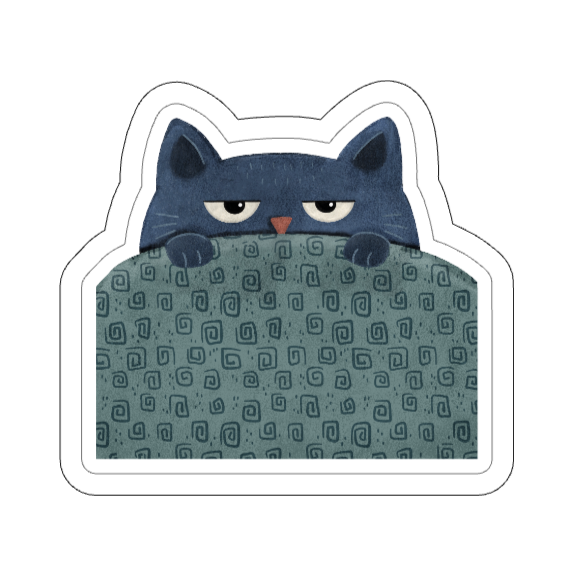 Bedtime cat peeking over patterned blankets sticker