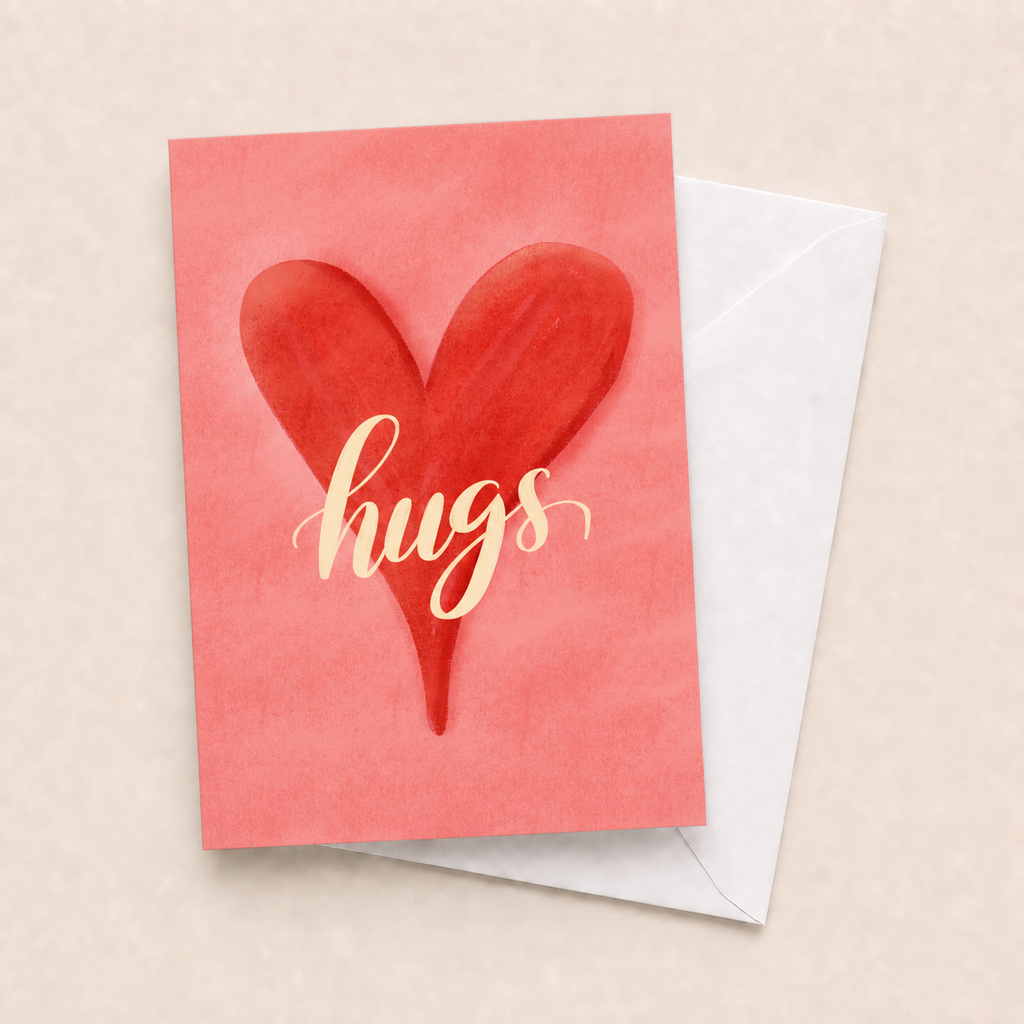 Heart Hugs friendship card with white envelope on a beige background