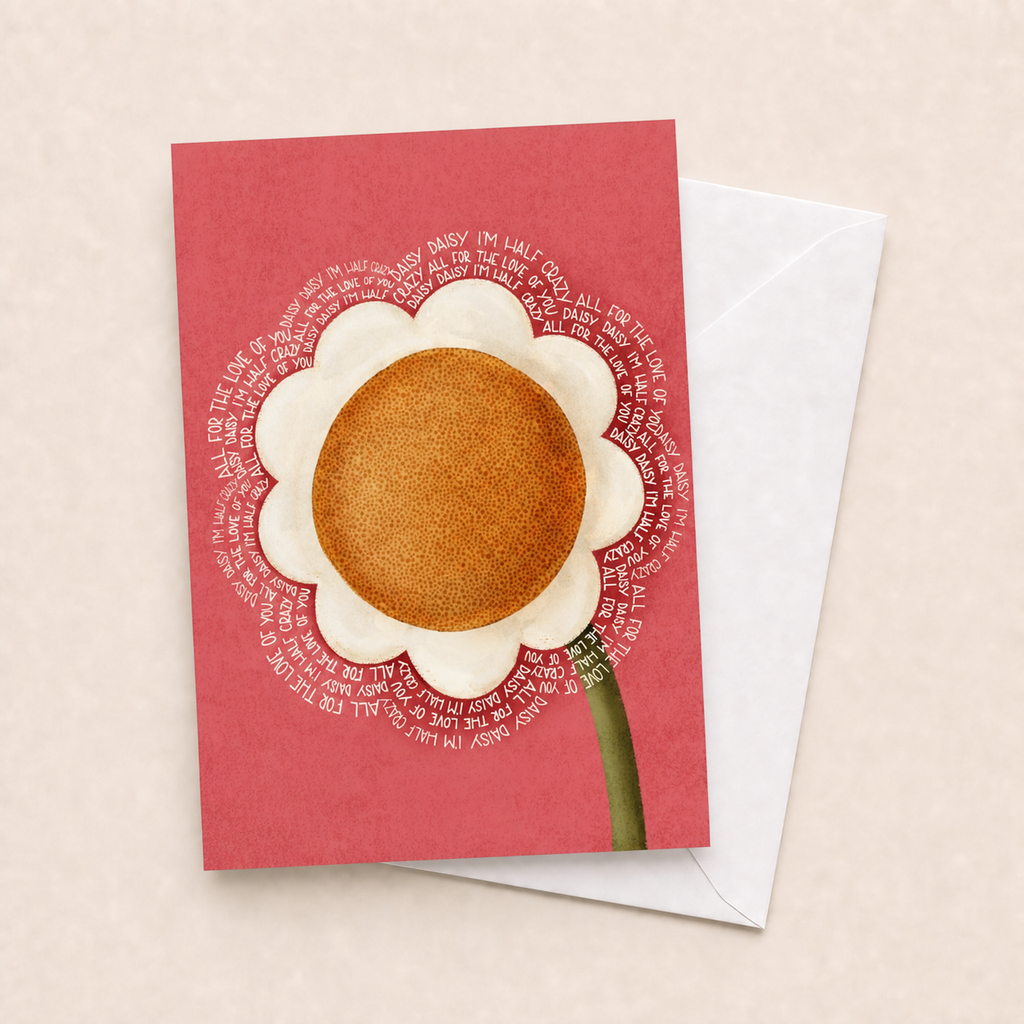 For the Love of Daisies card with white envelope on a beige background