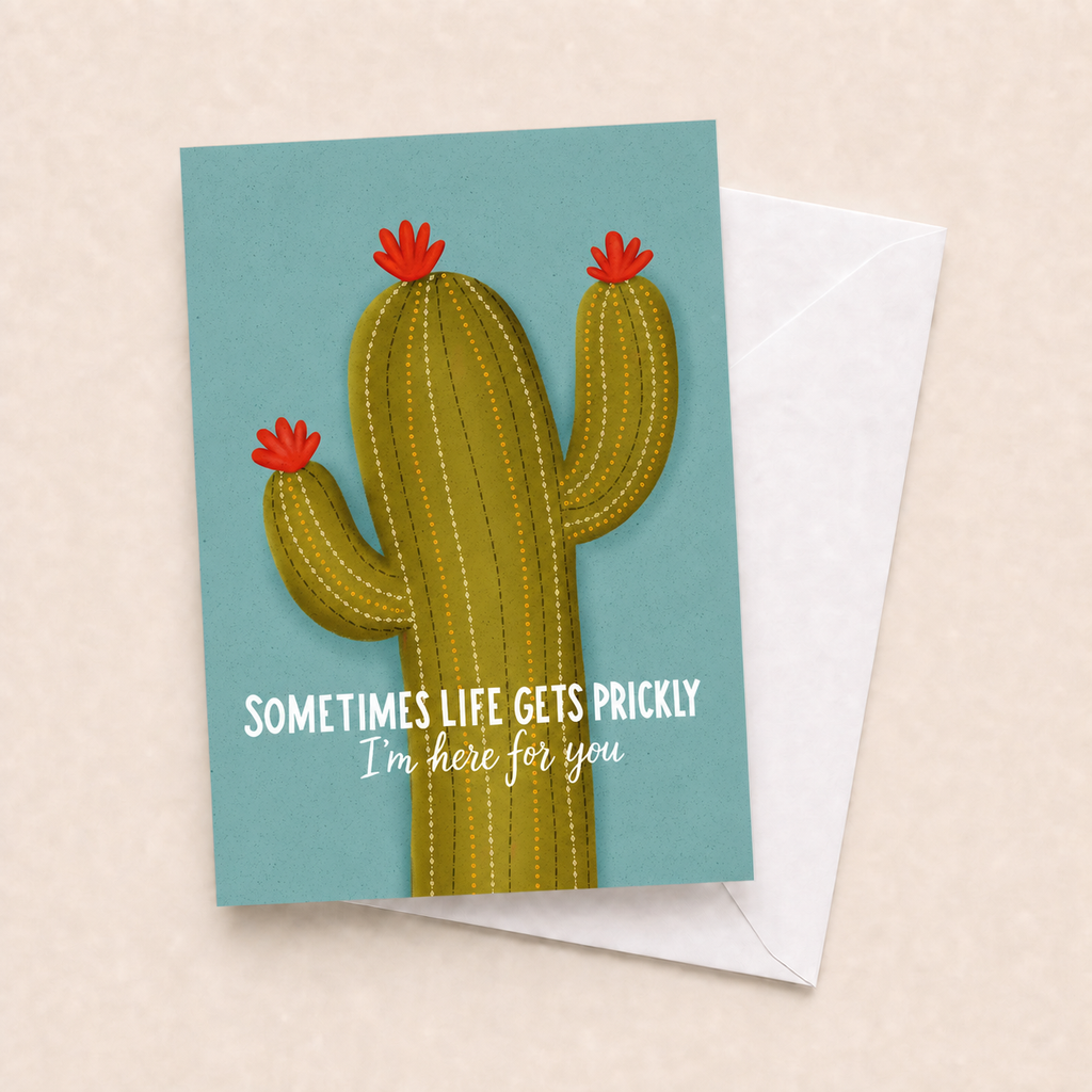 Sometimes Life Gets Prickly cactus card with white envelope on a beige background