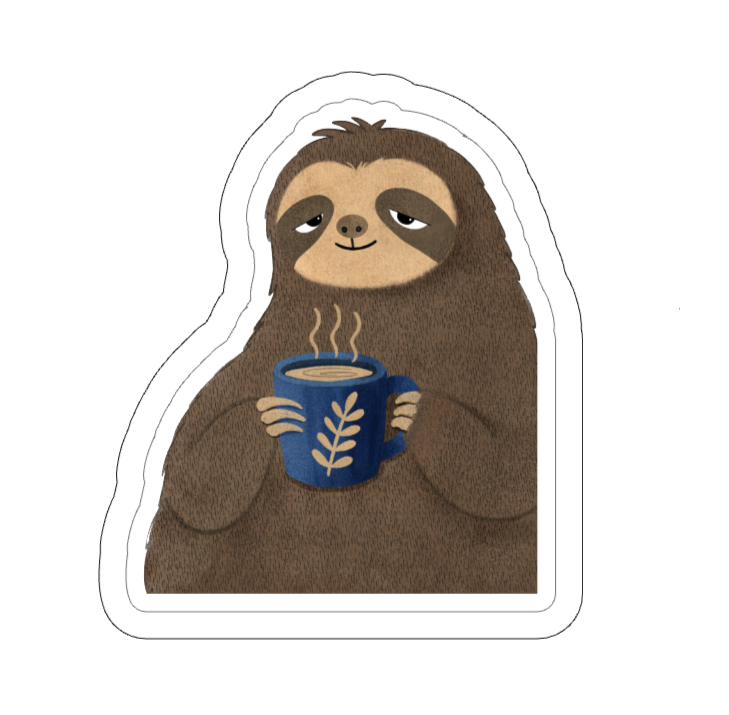 Sophronia the sloth holding a blue mug of coffee, kiss-cut vinyl sticker with a white border