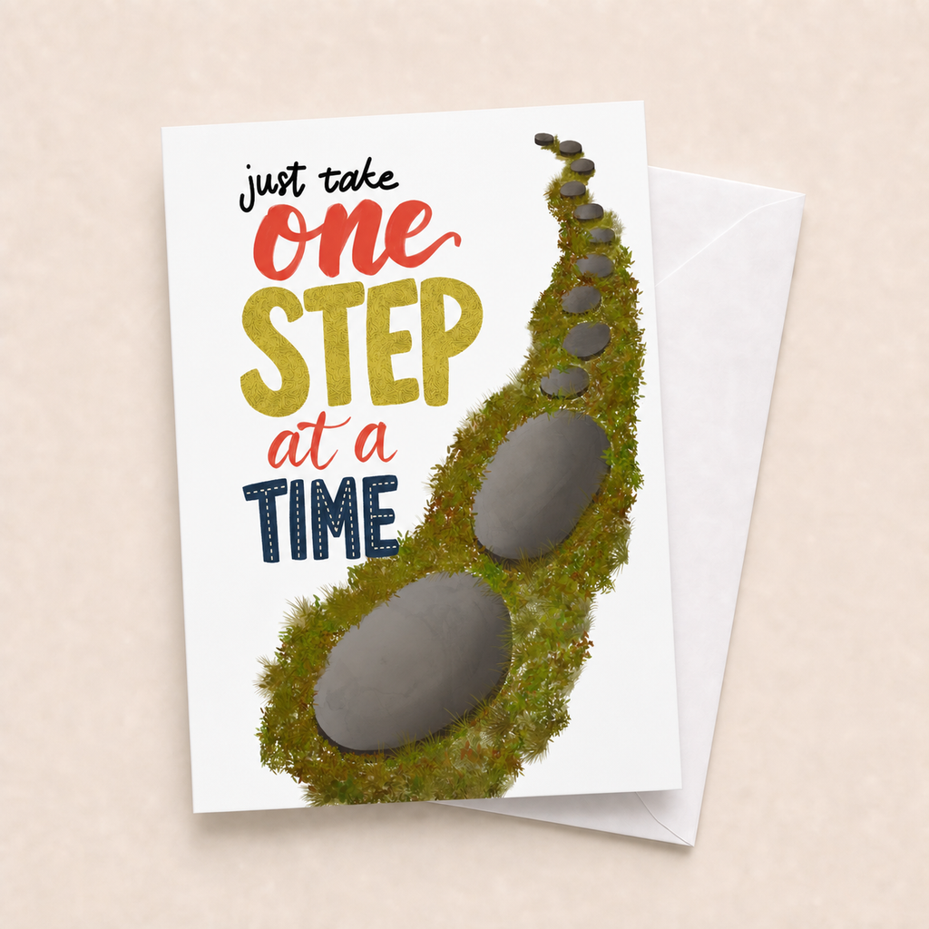 One Step at a Time card with white envelope on a beige background
