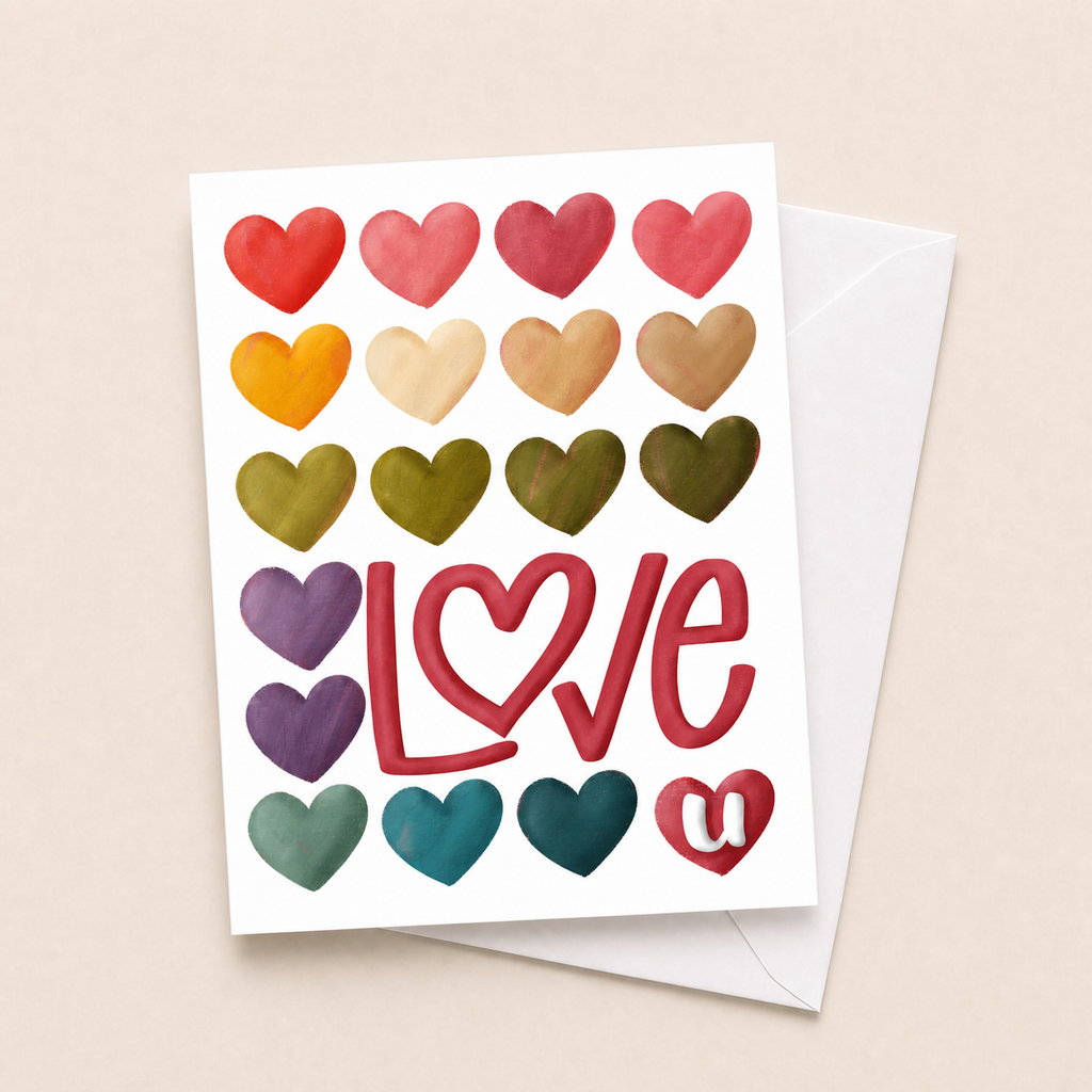 Love You Hearts card with white envelope on a beige background