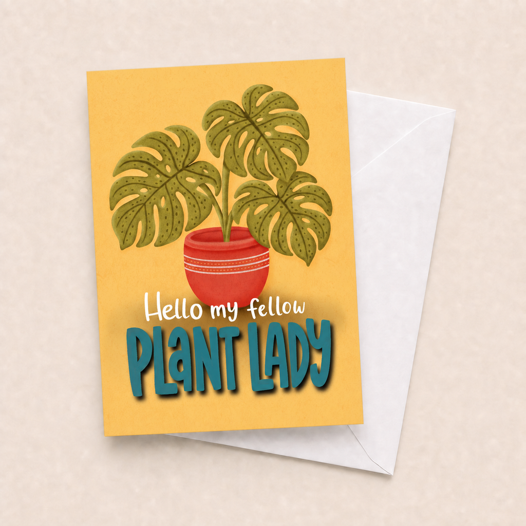 Hello My Fellow Plant Lady card with white envelope on a beige background