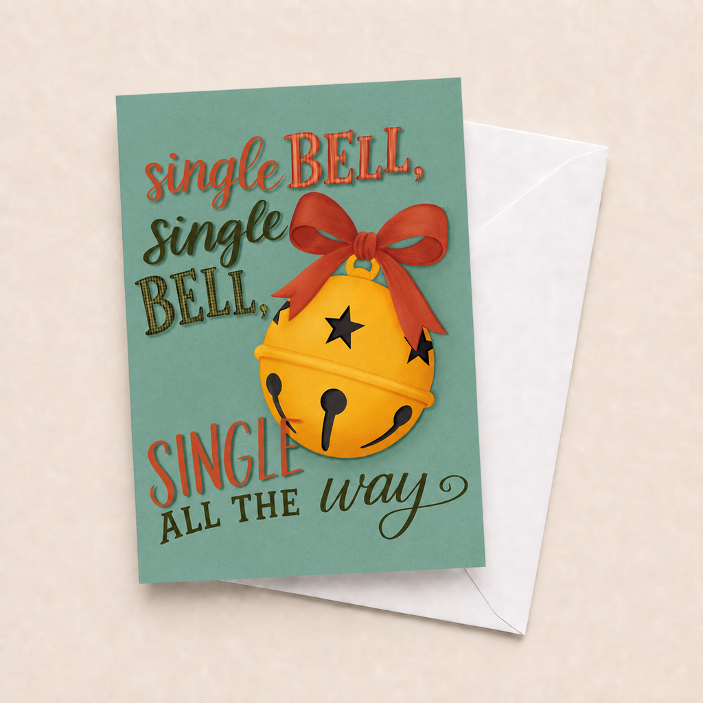Single Bells Christmas card with white envelope on a beige background