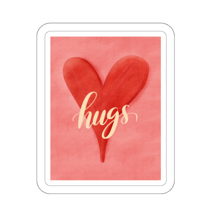 Bold red watercolor heart with the word hugs in cream script, kiss-cut vinyl sticker