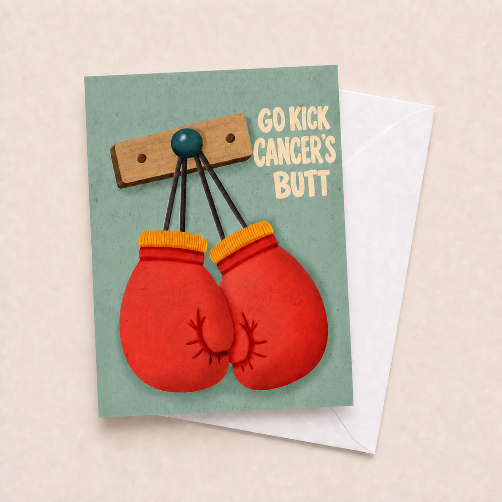 Go Kick Cancer's Butt support card with white envelope on a beige background