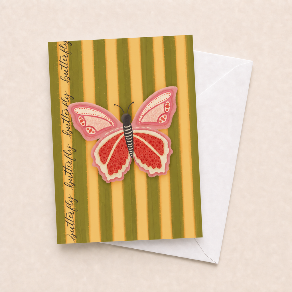 Butterfly Stripes card with white envelope on a beige background