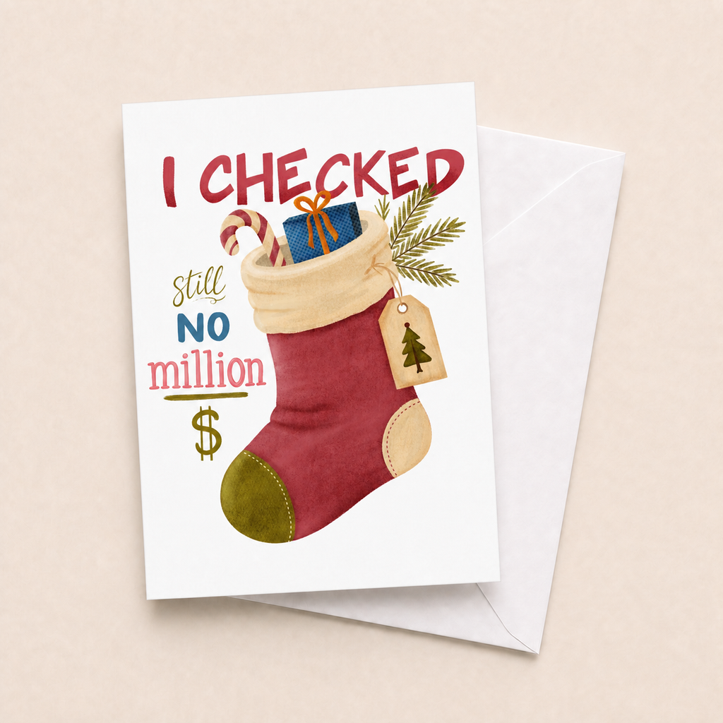 I Checked No Million Christmas card with white envelope on a beige background