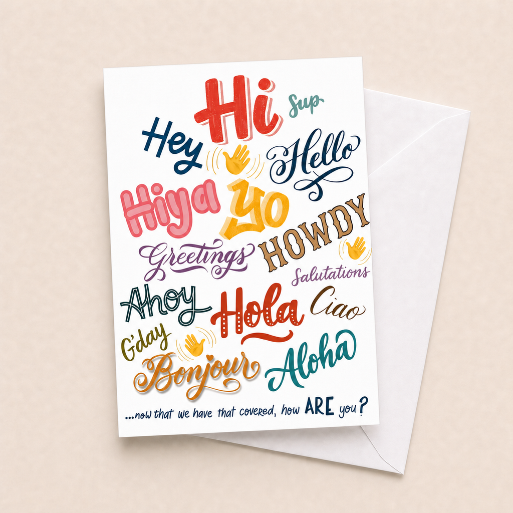 Hello Howdy Hi card with white envelope on a beige background