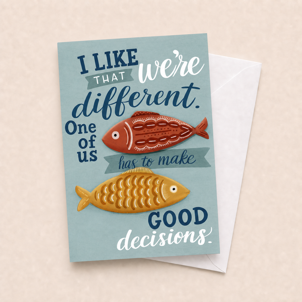 I Like That We're Different two fish card with white envelope on a beige background