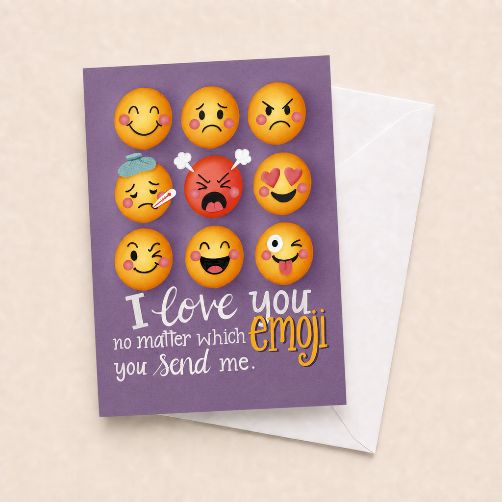 I Love You No Matter Which Emoji You Send card with white envelope on a beige background